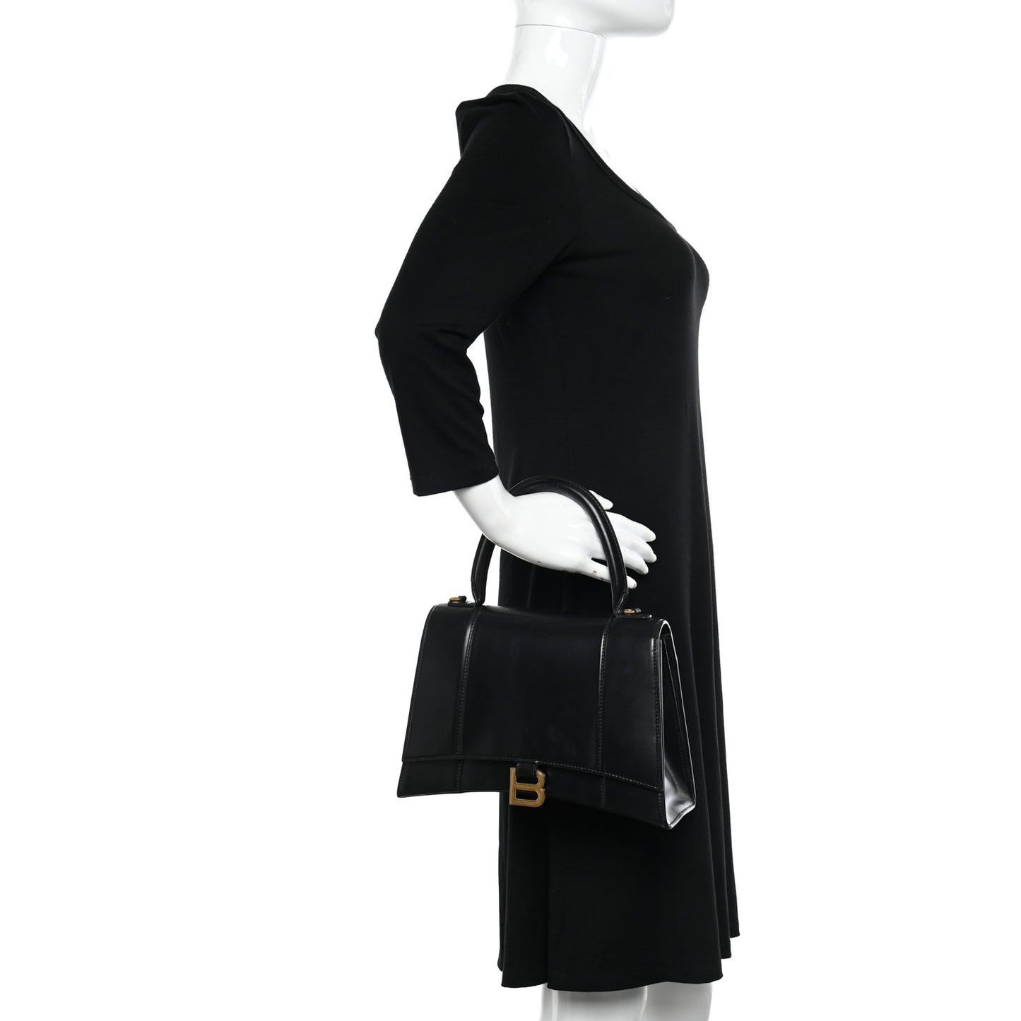 Shiny Box Calfskin Medium Hourglass Top Handle Bag Black