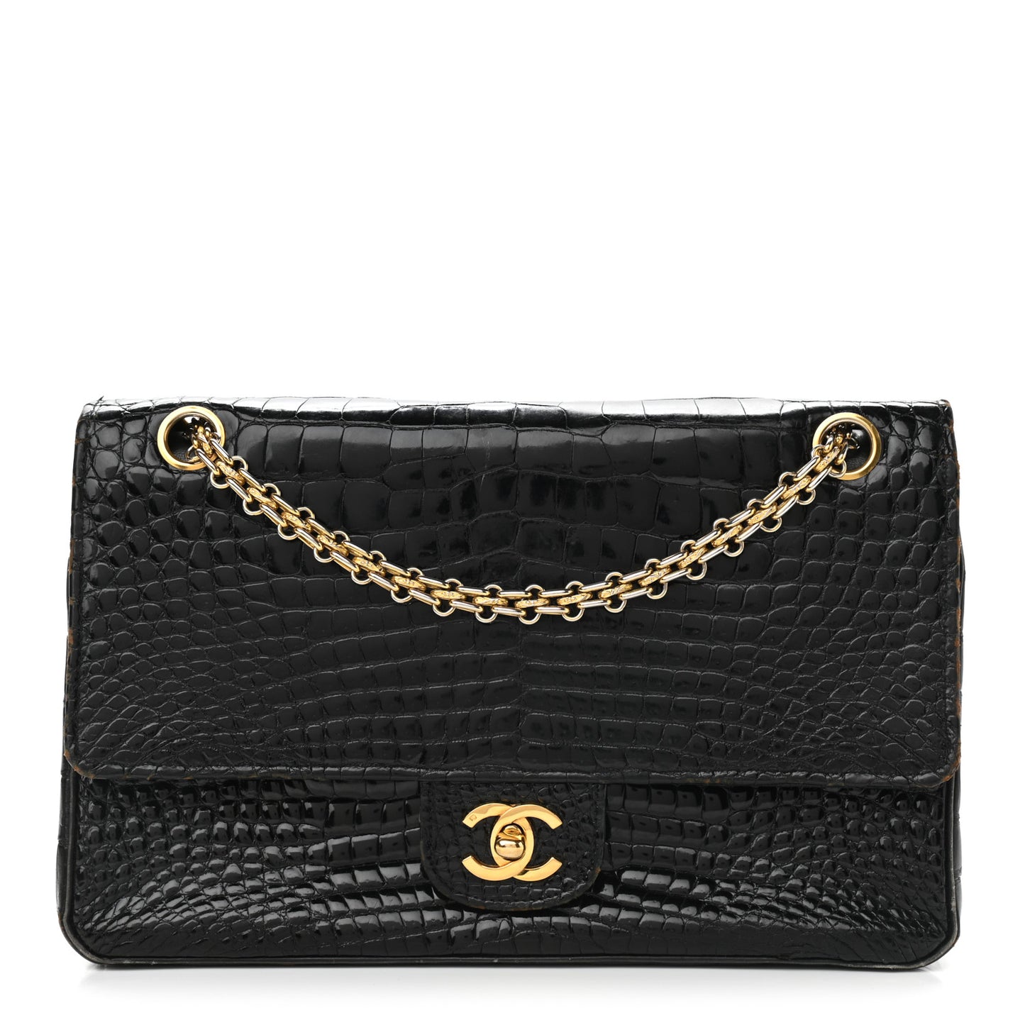 Shiny Crocodile Medium Double Flap Black