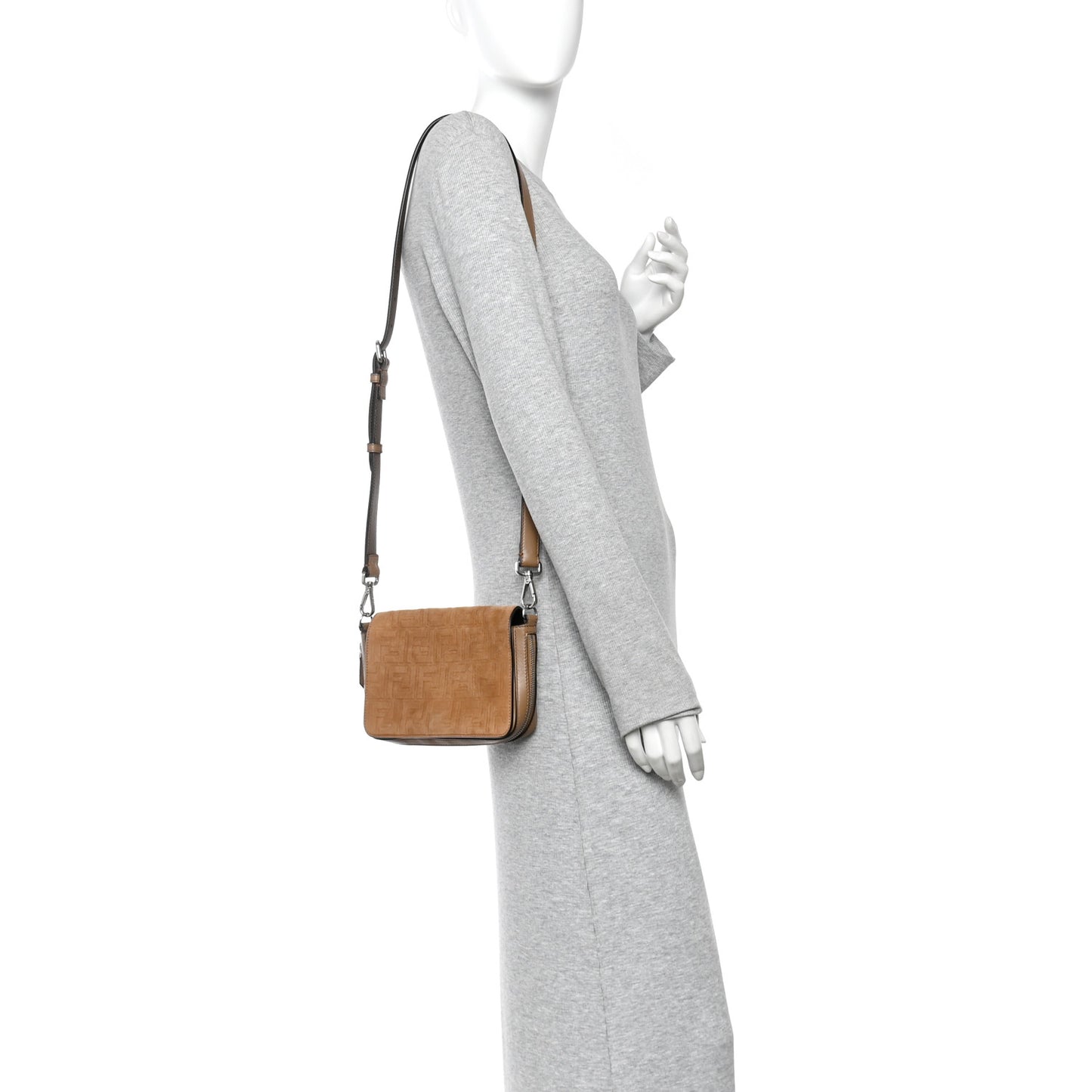 Vitello Grace Suede FF 1974 Embossed Mini Expandable Flap Bag Sand Sughero