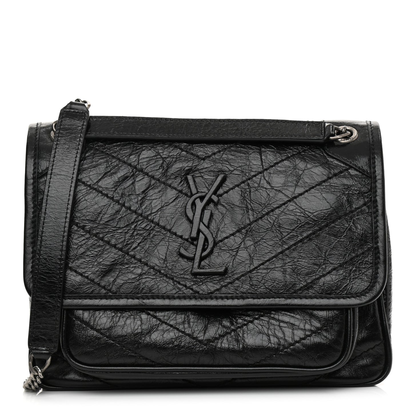 Crinkled Lambskin Matelasse Monogram Baby Niki Chain Satchel Black