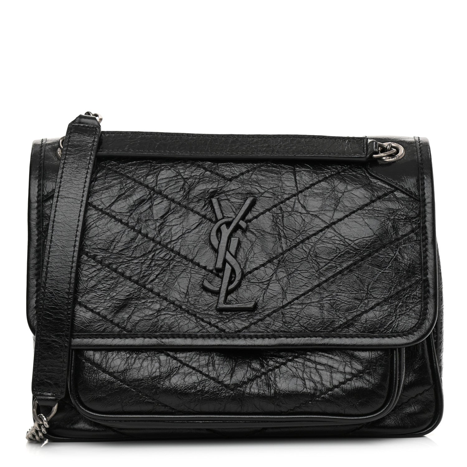 Saint Laurent Crinkled Lambskin Matelasse Monogram Baby Niki Chain Satchel Black 1 of 8