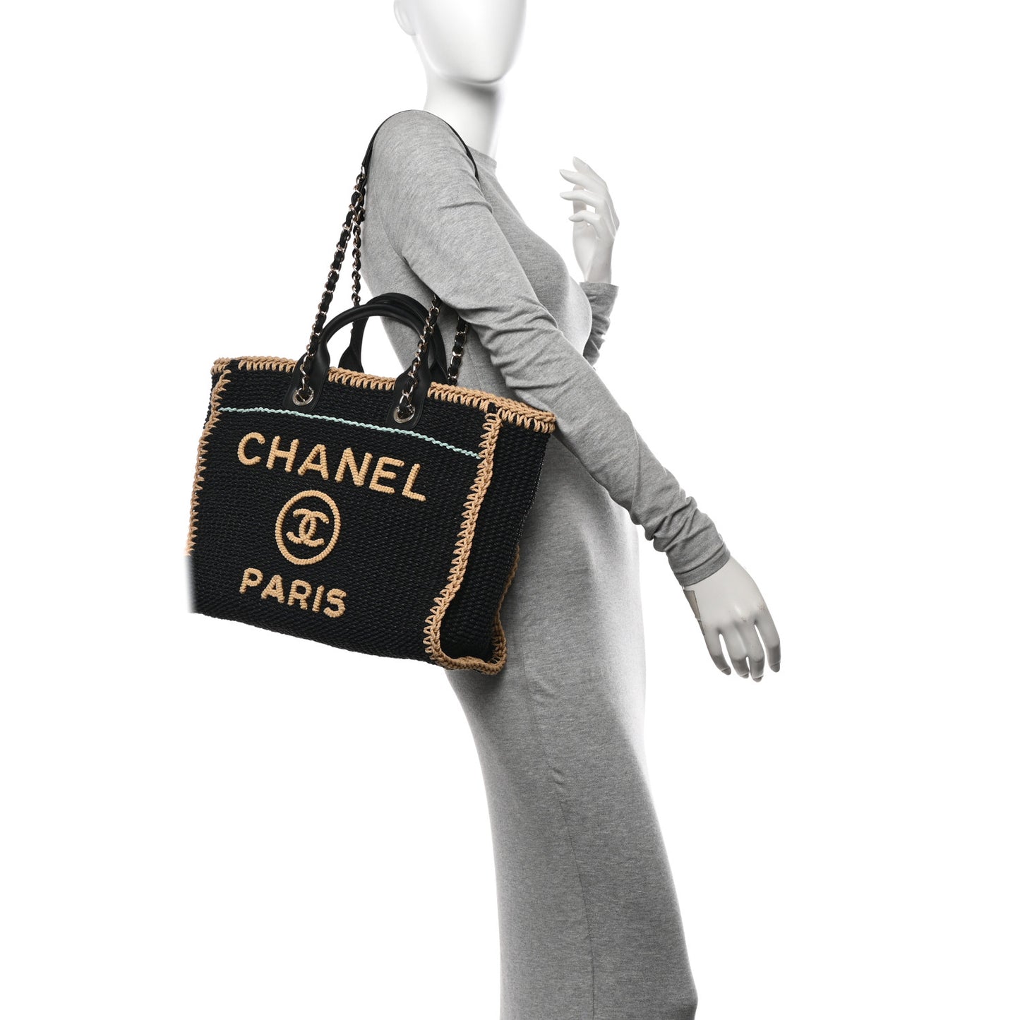 Cotton Crochet Large Deauville Tote Black Beige
