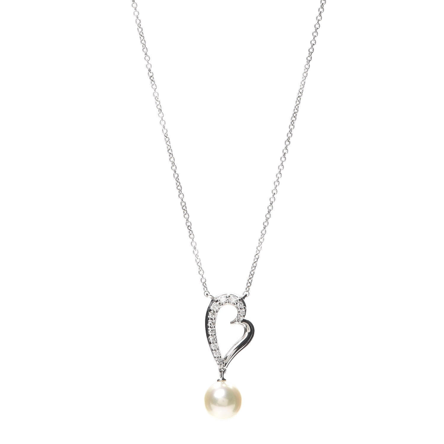 Mikimoto 14K White Gold Diamond Akoya Pearl Heart Drop Pendant Necklace 1 of 4