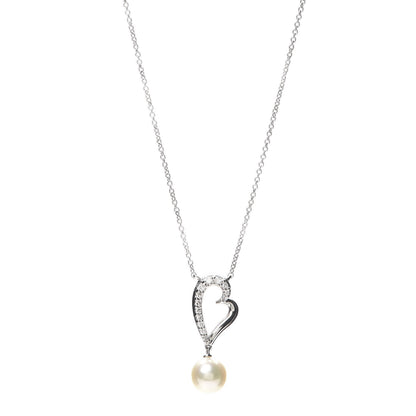Mikimoto 14K White Gold Diamond Akoya Pearl Heart Drop Pendant Necklace 1 of 4
