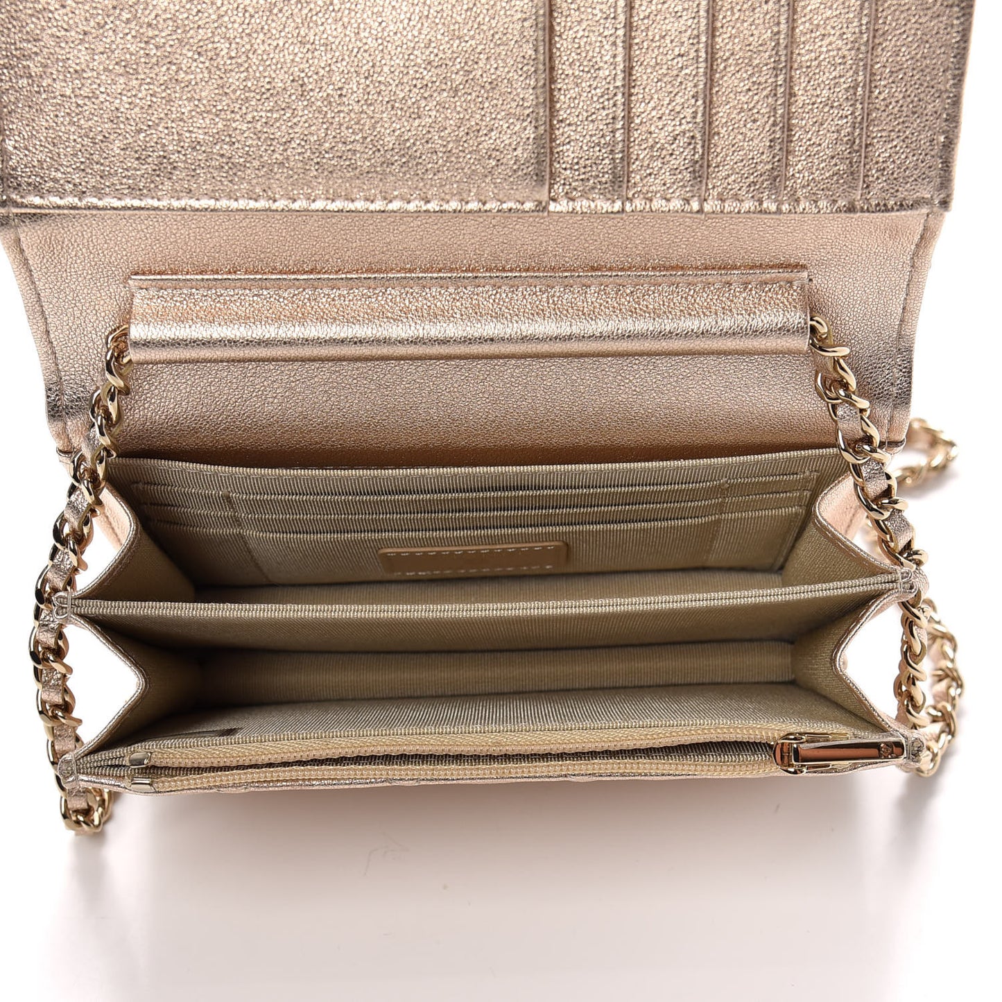Metallic Lambskin Quilted Mini Wallet On Chain WOC Gold