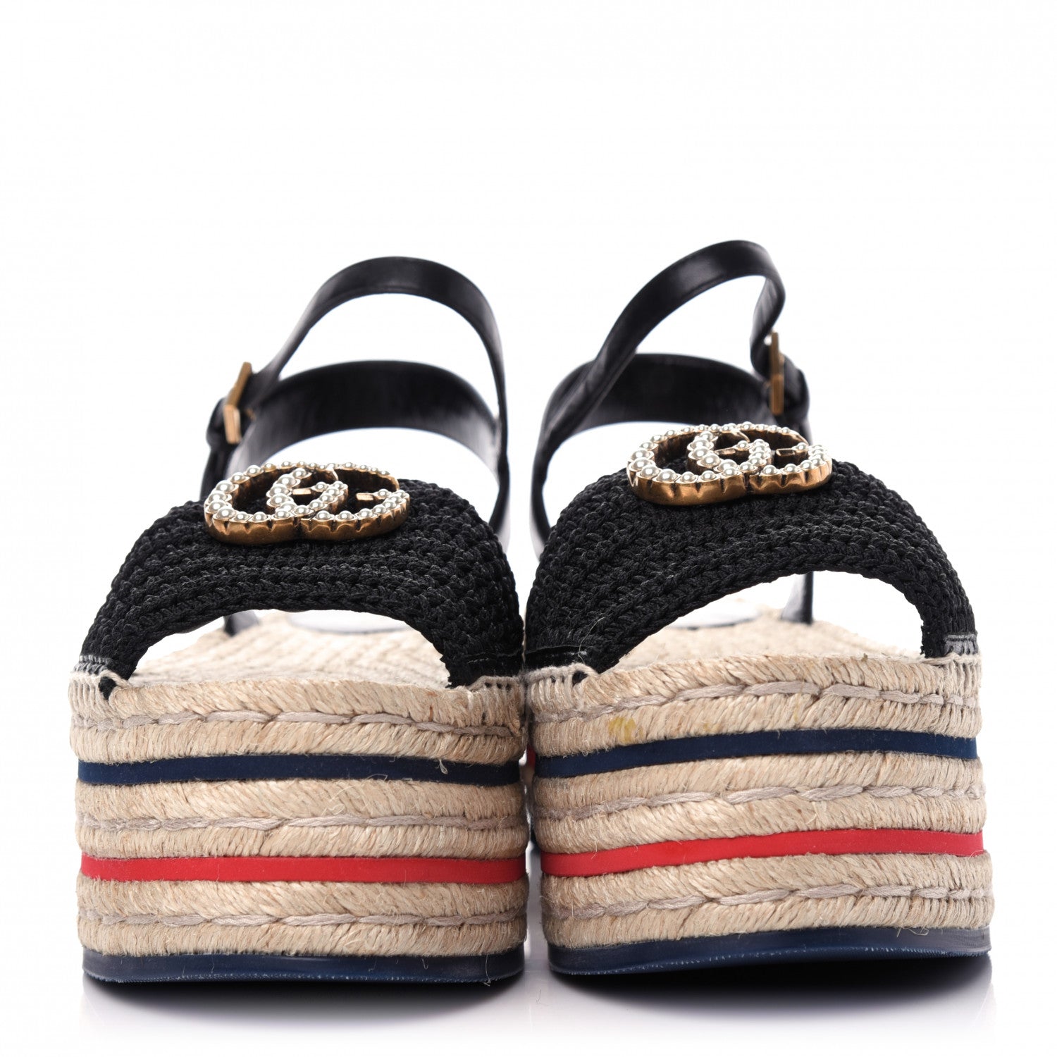 Gucci Cotton Malaga Kid Crochet Pearly GG Lilibeth Espadrille Platform Sandals 37.5 Black 2 of 9