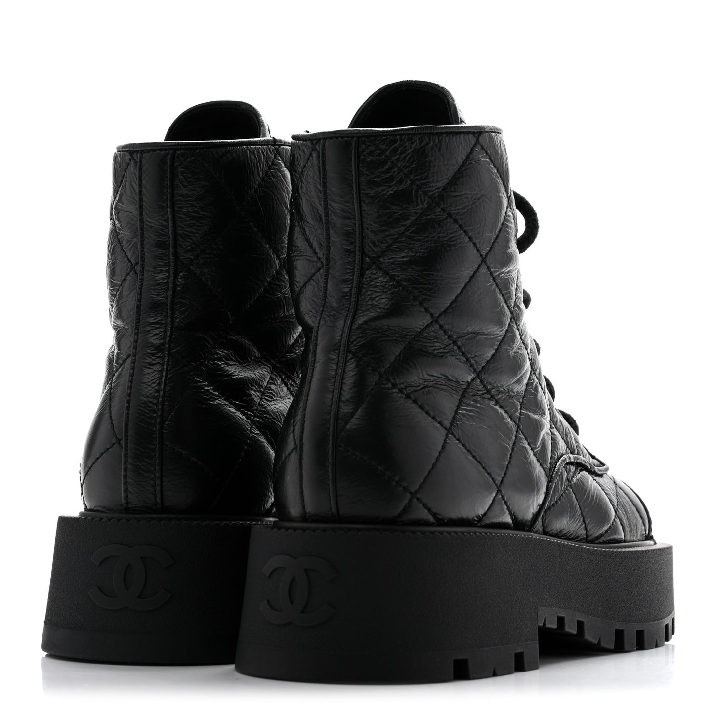 Shiny Calfskin Quilted Lace Up Combat Boots 37.5 Black