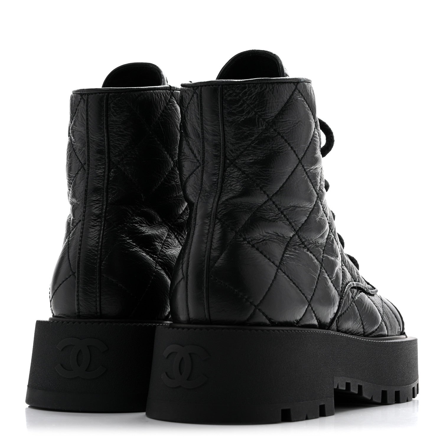 Chanel Shiny Calfskin Quilted Lace Up Combat Boots 37.5 Black 6 of 11