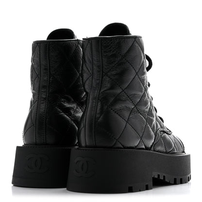 Chanel Shiny Calfskin Quilted Lace Up Combat Boots 37.5 Black 6 of 11