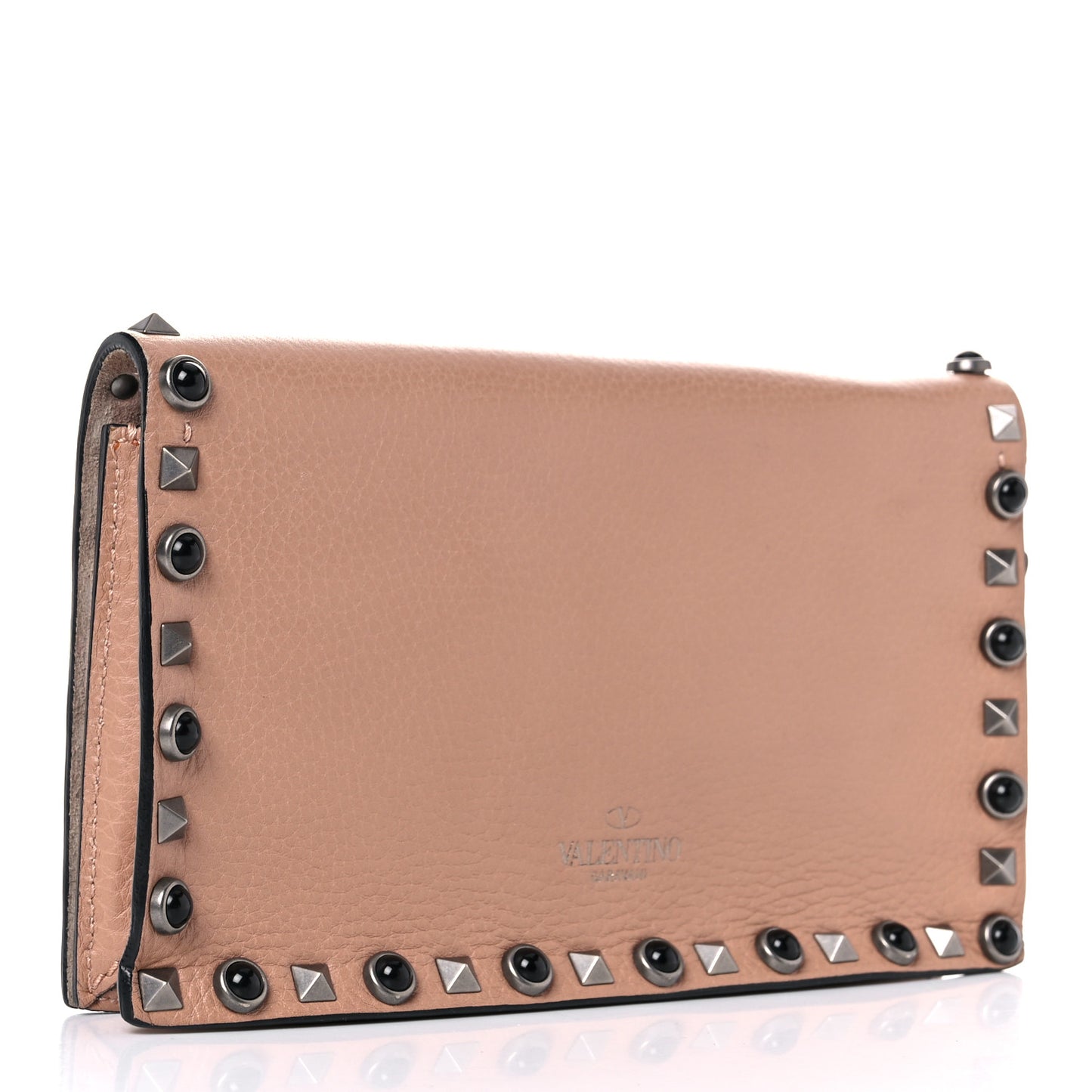 Pebbled Calfskin Onyx Small Rockstud Rolling Wristlet Clutch Soft Noisette