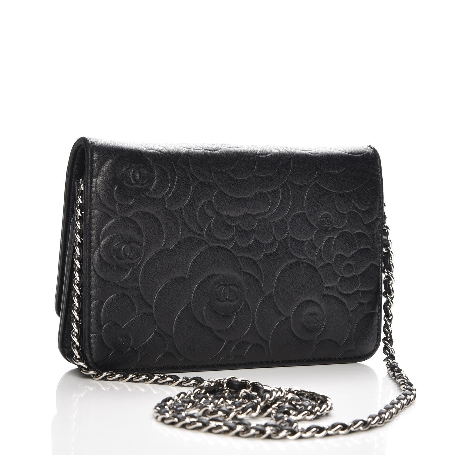 Chanel Lambskin Camellia Embossed Wallet On Chain WOC Black 3 of 8
