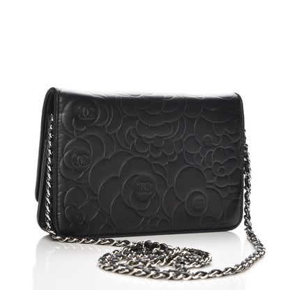Chanel Lambskin Camellia Embossed Wallet On Chain WOC Black 3 of 8