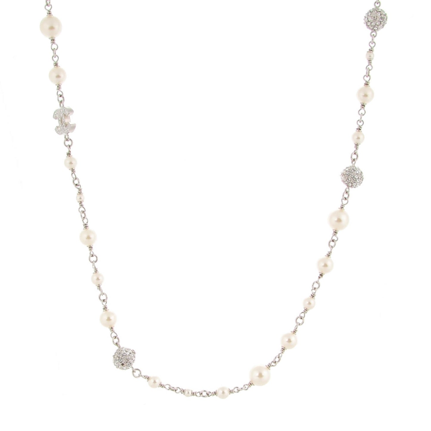 Crystal Pearl CC Necklace Silver