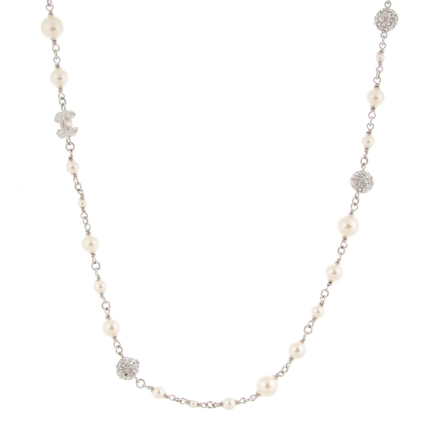 Chanel Crystal Pearl CC Necklace Silver 1 of 6
