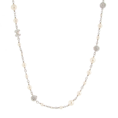 Chanel Crystal Pearl CC Necklace Silver 1 of 6