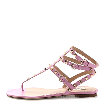 Valentino Garavani Calfskin Rockstud Ankle Strap Flat Thong Sandals 38 Giacinto 1 of 7