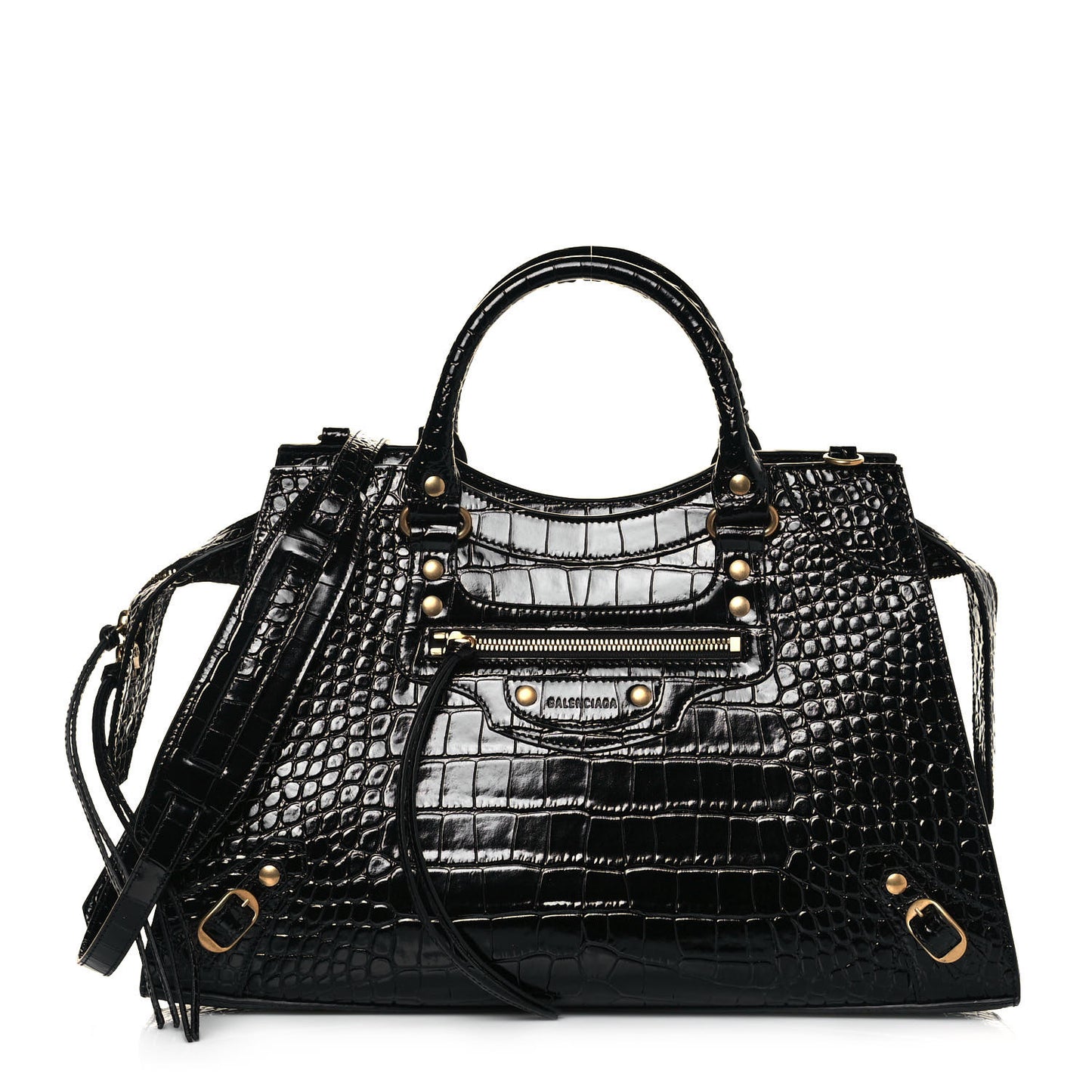 Shiny Supple Calfskin Crocodile Embossed Brass Hardware Neo Classic City Black