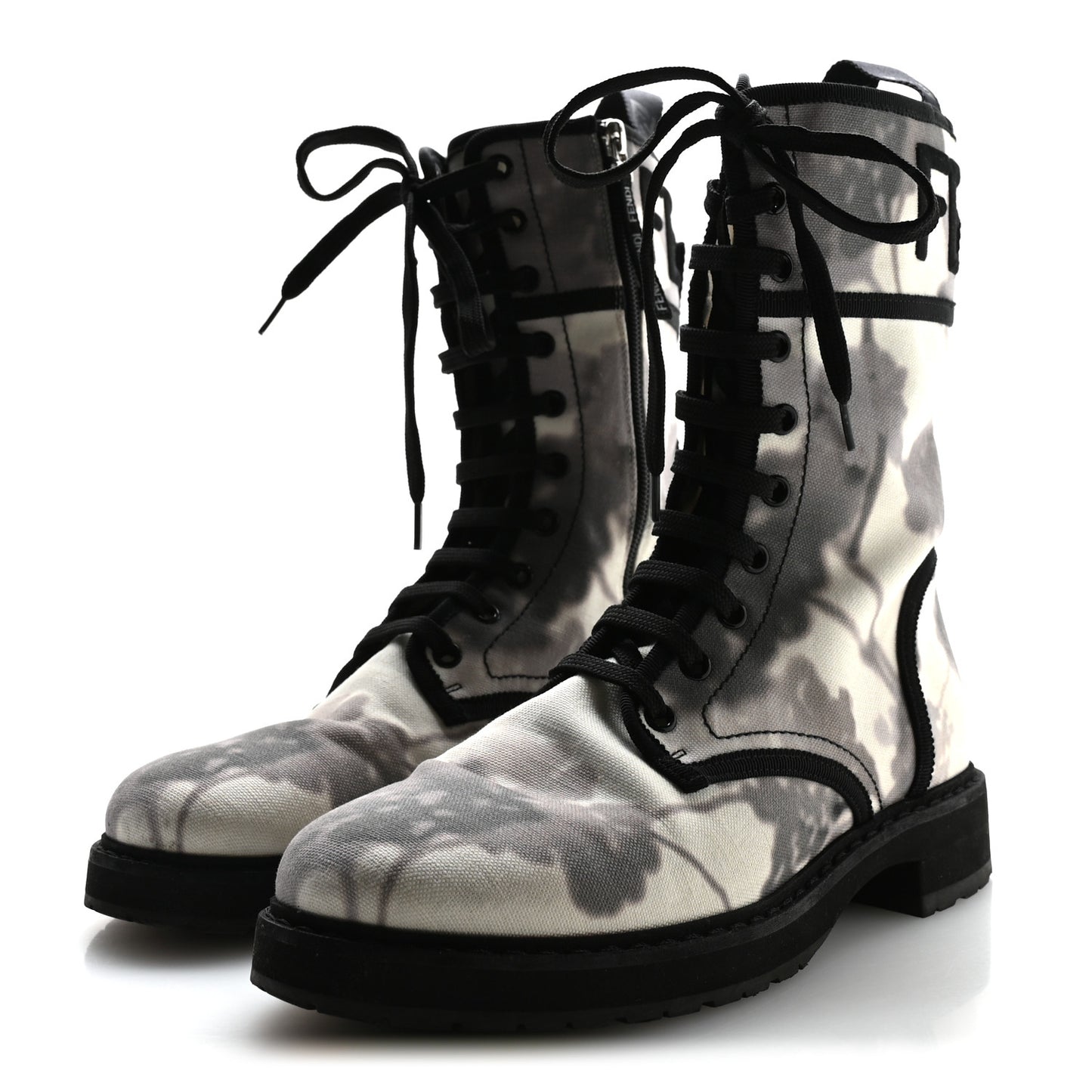 Canvas Floral Print Logo Bi-Color Womens Biker Boots 40 White Black