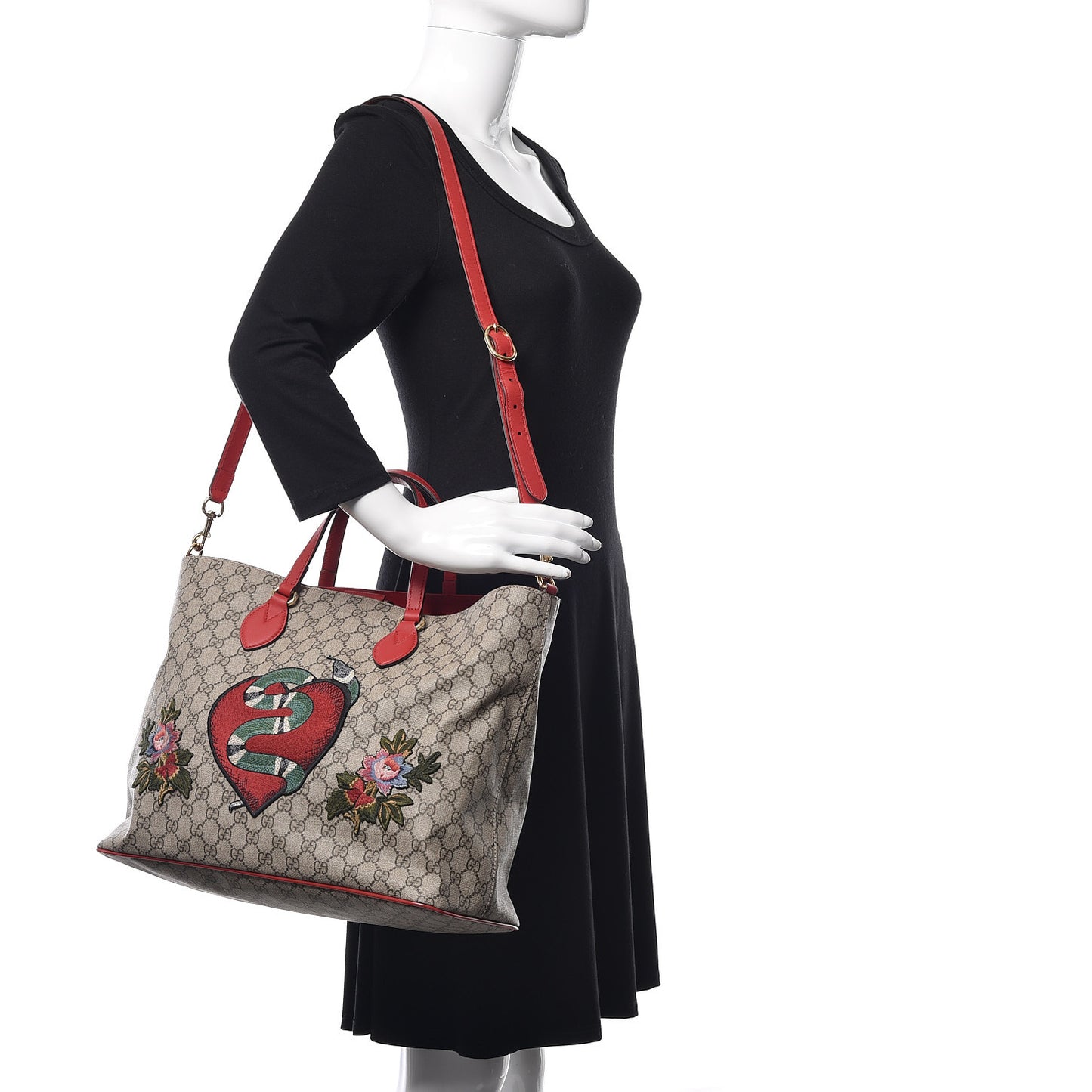 Soft GG Supreme Monogram Kingsnake Heart Embroidered Medium Crossbody Tote Beige Hibiscus Red