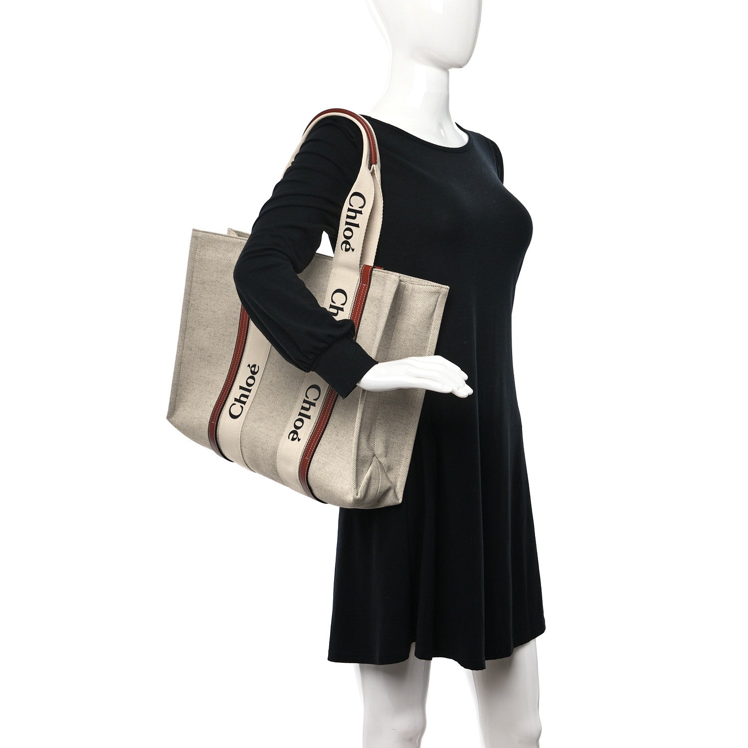 Chloe Cotton Calfskin Large Woody Ribbon Tote White Brown 2 of 8
