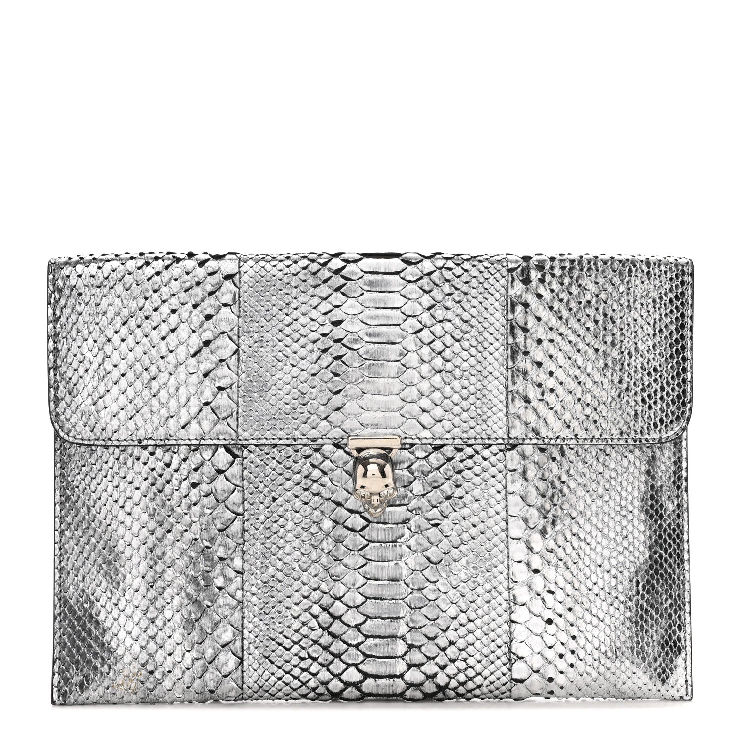 Alexander McQueen Metallic Snakeskin Skull Envelope Clutch Silver 1 of 10