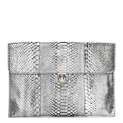 Alexander McQueen Metallic Snakeskin Skull Envelope Clutch Silver 1 of 10