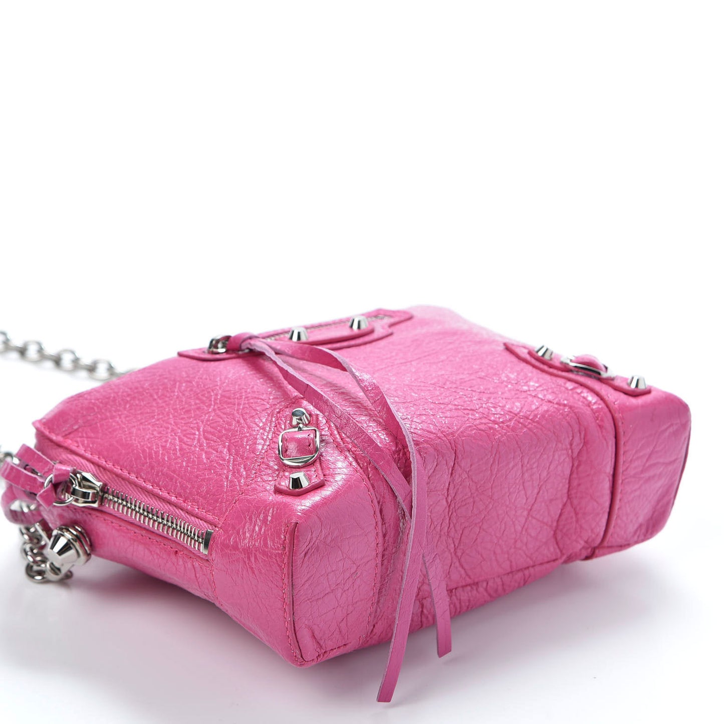 Agneau Arena Classic Silver Hardware Pouch With A Chain Crossbody Rose Flamingo
