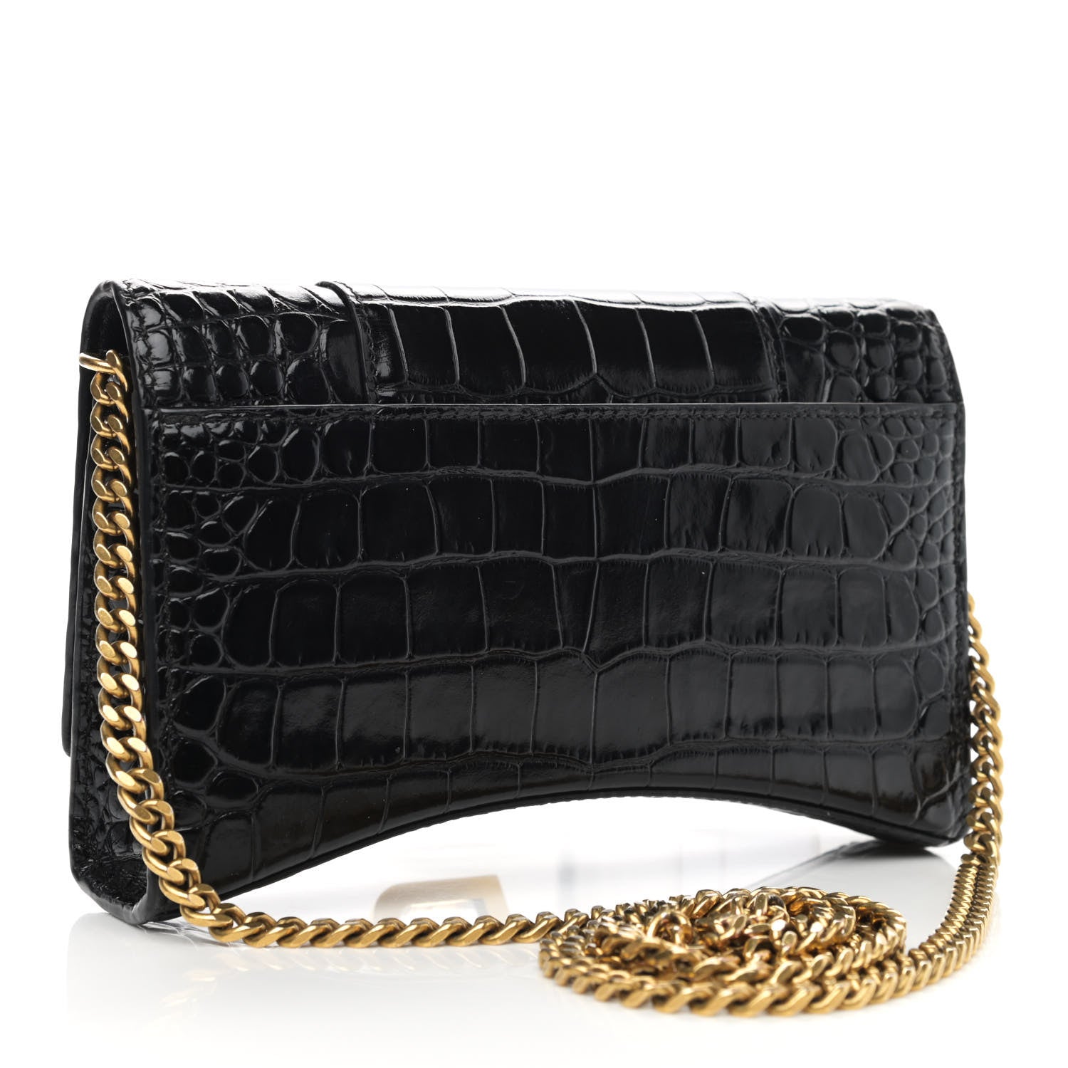 Balenciaga Shiny Calfskin Crocodile Embossed Hourglass Chain Bag Black 2 of 11