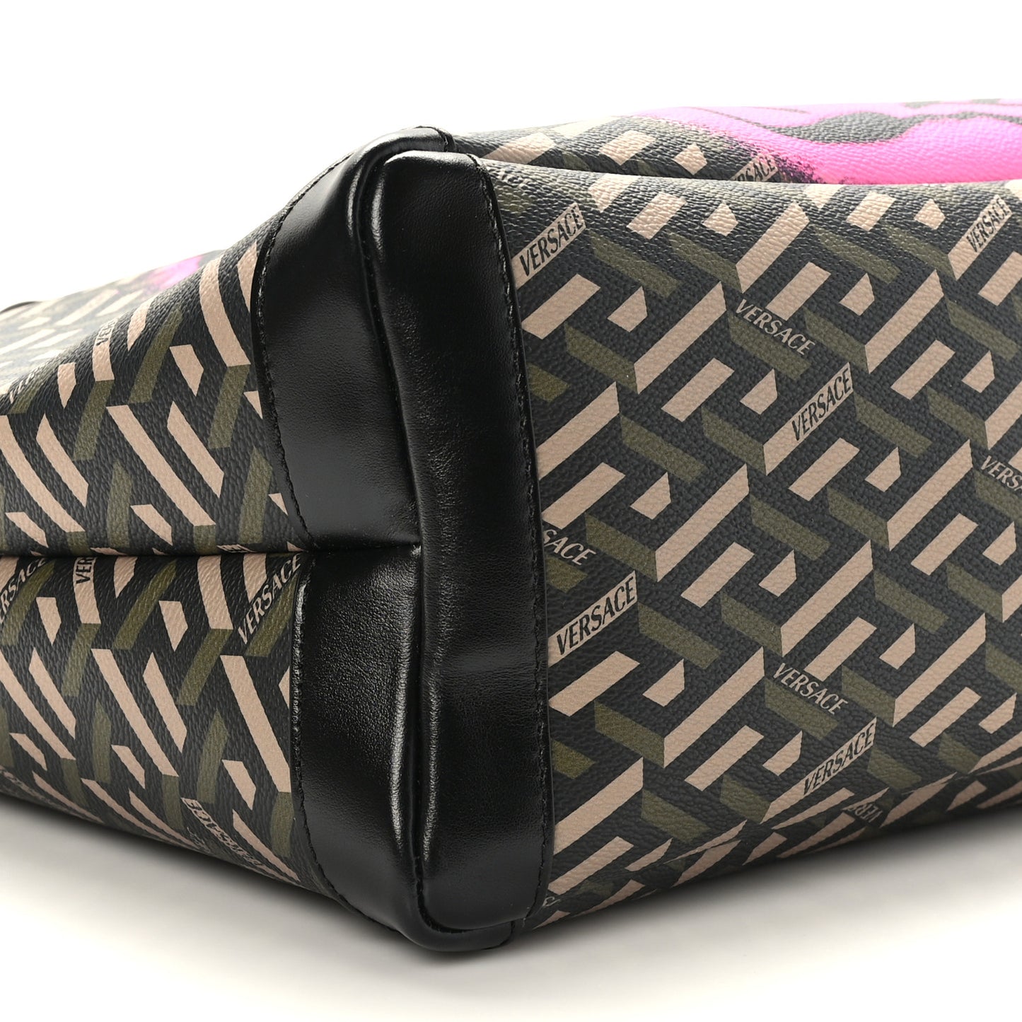Coated Canvas Calfskin La Greca Smile Signature Shopper Black Khaki