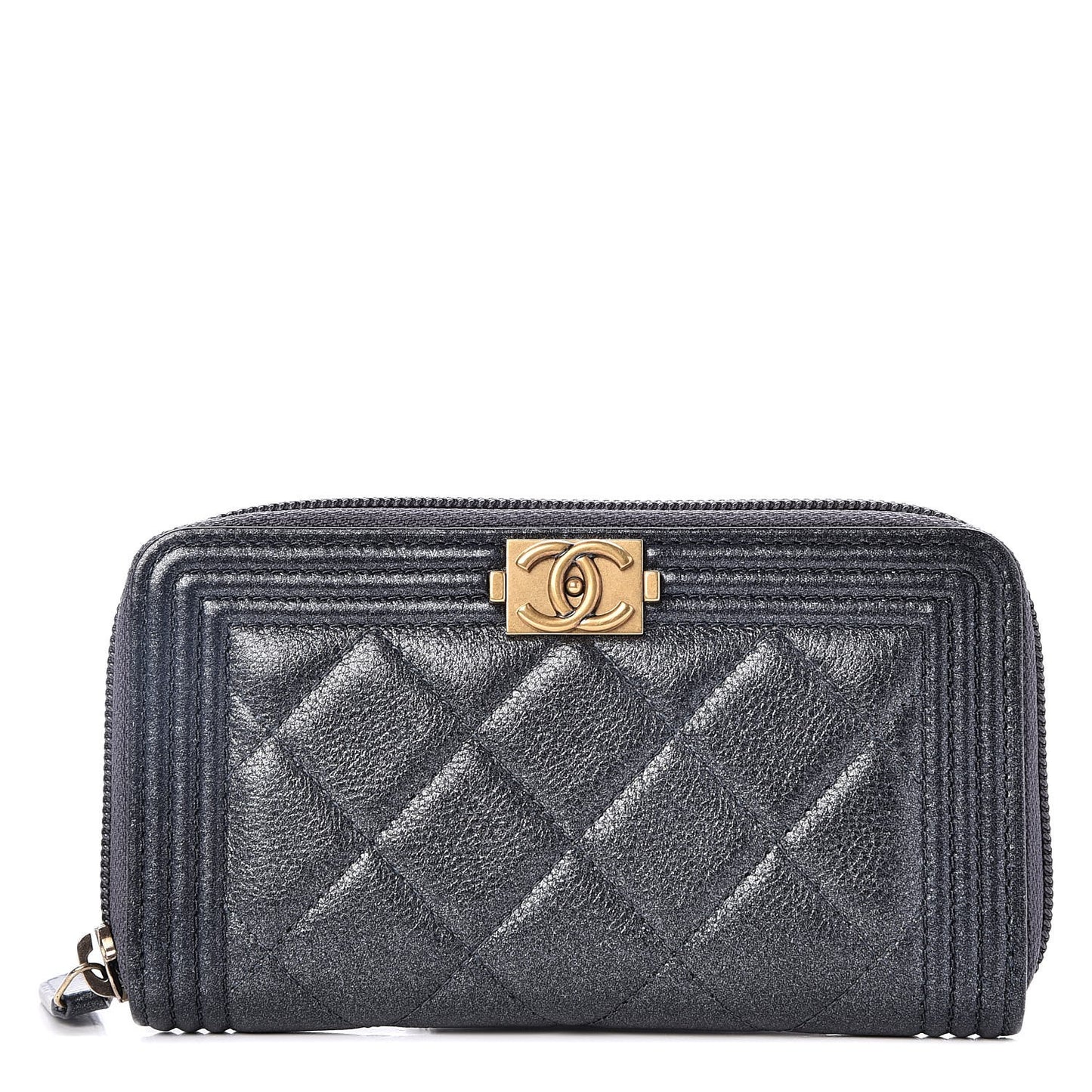 Iridescent Goatskin Quilted Small Boy Zip Around Wallet Charcoal