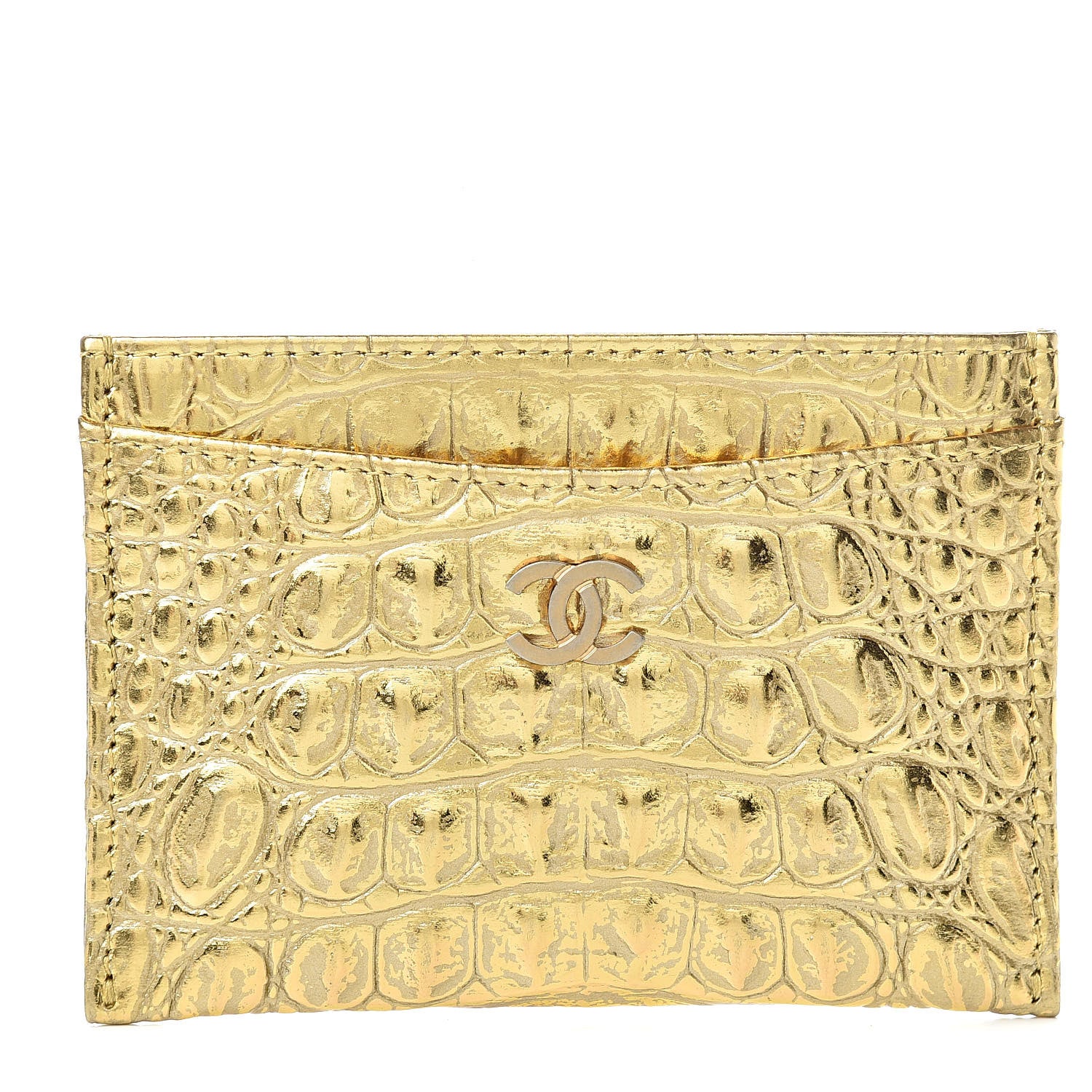 Chanel Metallic Calfskin Crocodile Embossed Cocodile Card Holder Gold 1 of 9