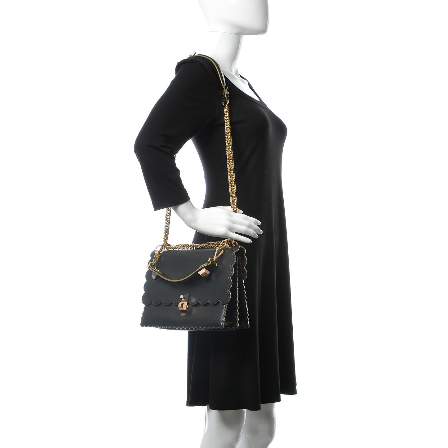 Vitello Liberty Scalloped Studded Kan I Shoulder Bag Black