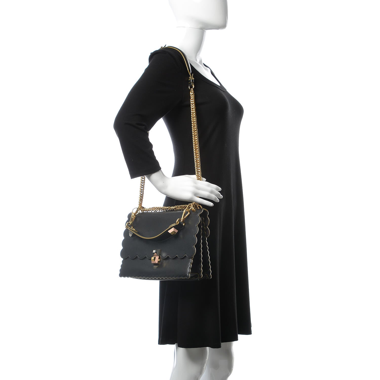 Fendi Vitello Liberty Scalloped Studded Kan I Shoulder Bag Black 2 of 18