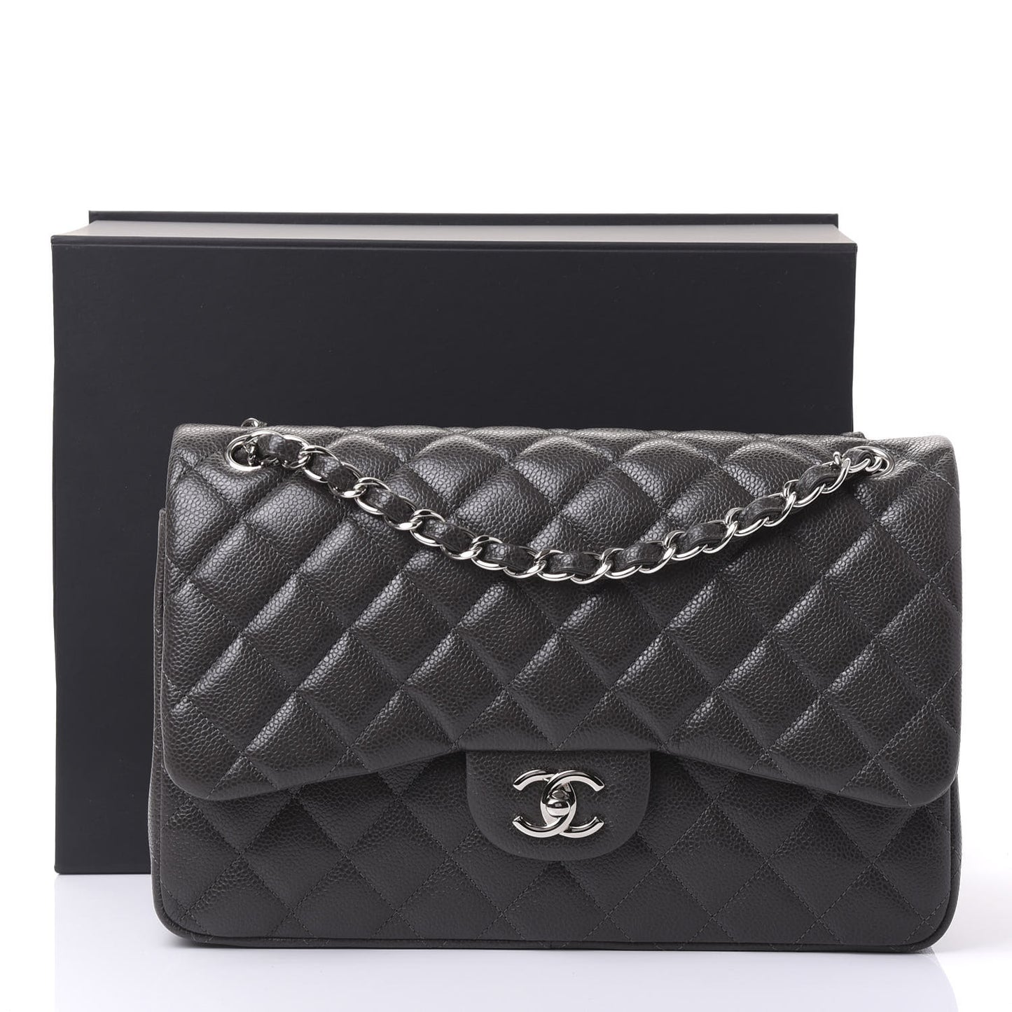 Caviar Quilted Jumbo Double Flap Dark Grey