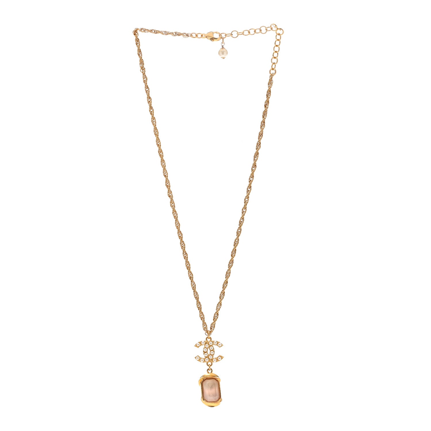 Chanel Pearl Crystal CC Pendant Necklace Gold Pink Pearly White 3 of 5