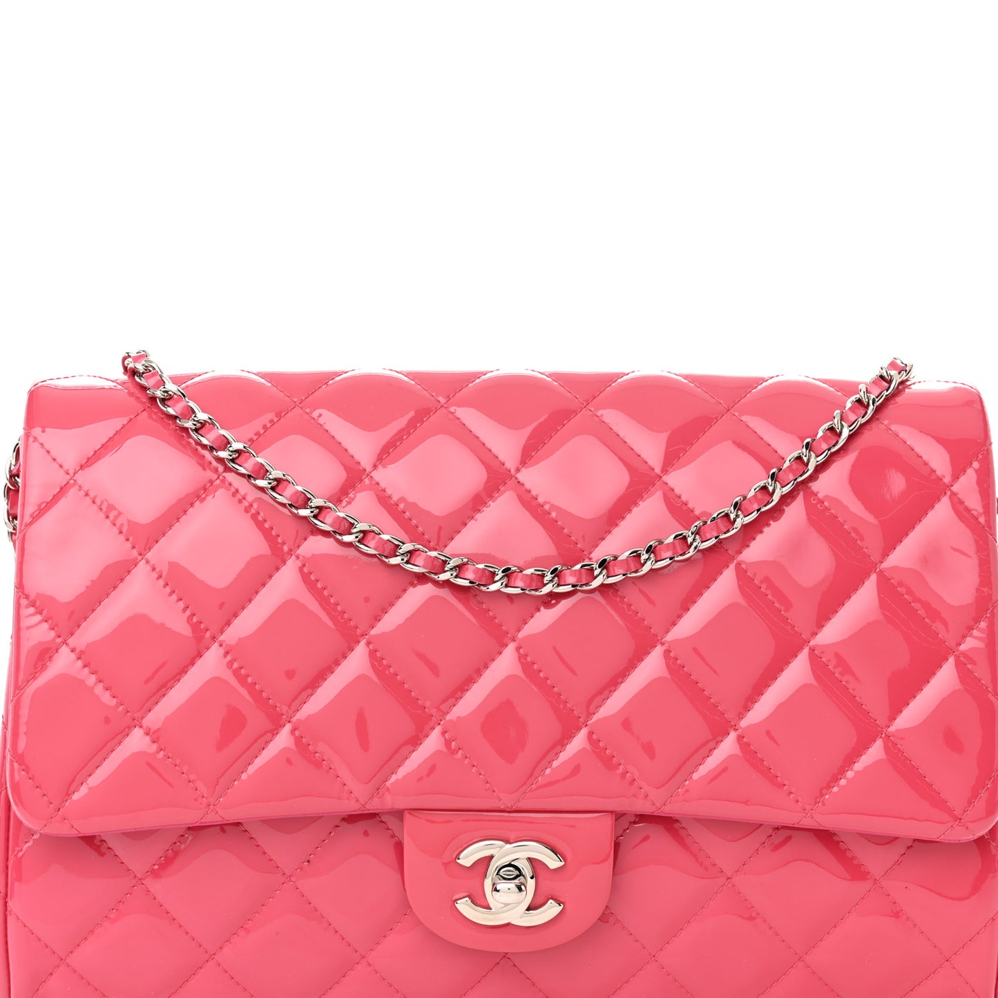 Patent Quilted Clutch with Chain Flap Fuchsia
