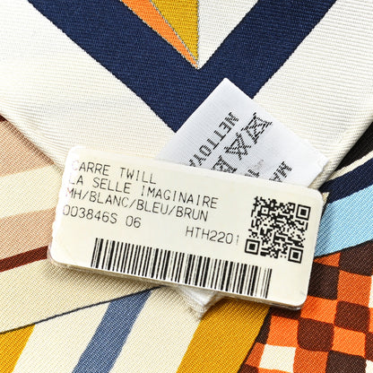 Hermes Silk La Selle Imaginaire Scarf 90 White Bleu Brune 3 of 4