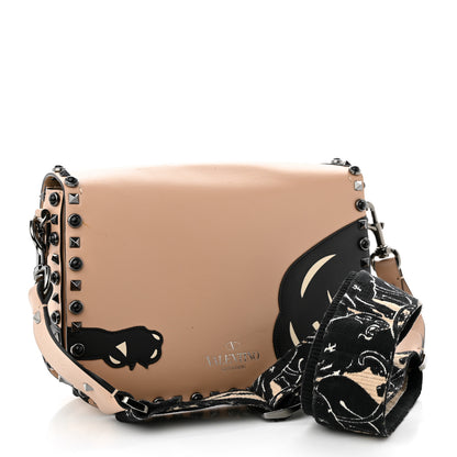 Valentino Garavani Calfskin Panther Medium Guitar Strap Rockstud Rolling Flap Saddle Bag Beige Black 2 of 9