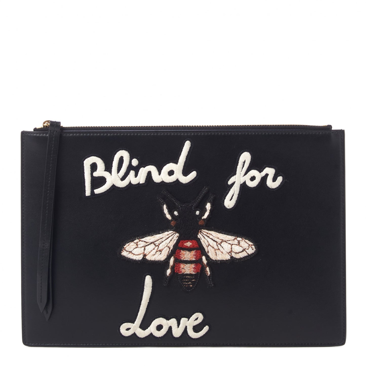 Calfskin Blind For Love Embroidered Large Zip Pouch Black