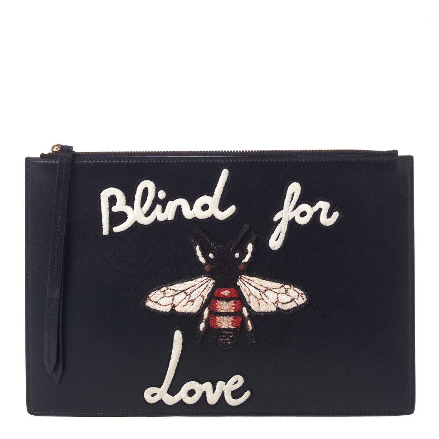 Gucci Calfskin Blind For Love Embroidered Large Zip Pouch Black 1 of 8
