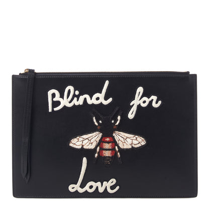 Gucci Calfskin Blind For Love Embroidered Large Zip Pouch Black 1 of 8