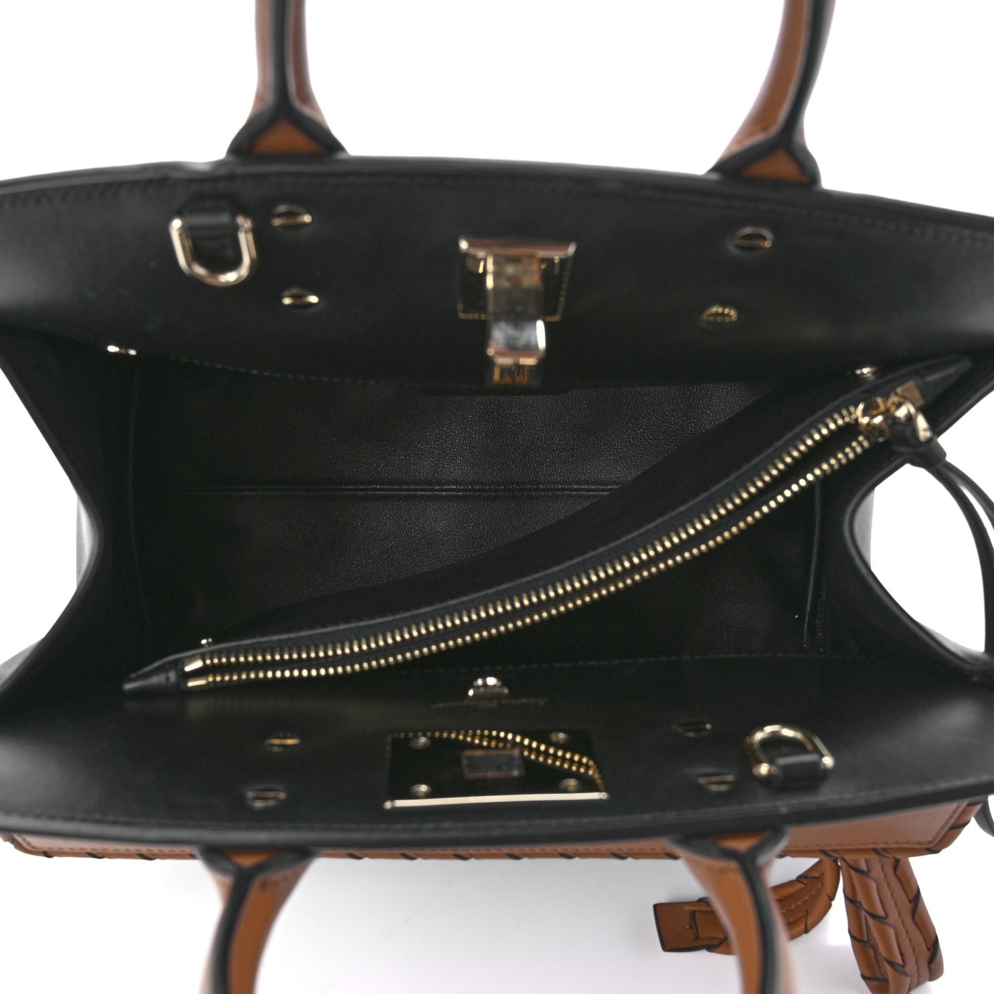 Calfskin Woven Small Studio Top Handle Bag Tan Black