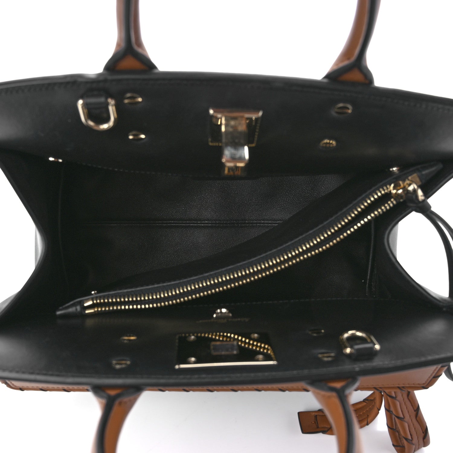 Salvatore Ferragamo Calfskin Woven Small Studio Top Handle Bag Tan Black 5 of 13