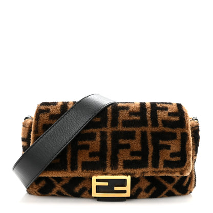 Fendi Shearling Vitello Dolce Macro FF 1974 Baguette Tobacco Black 1 of 9