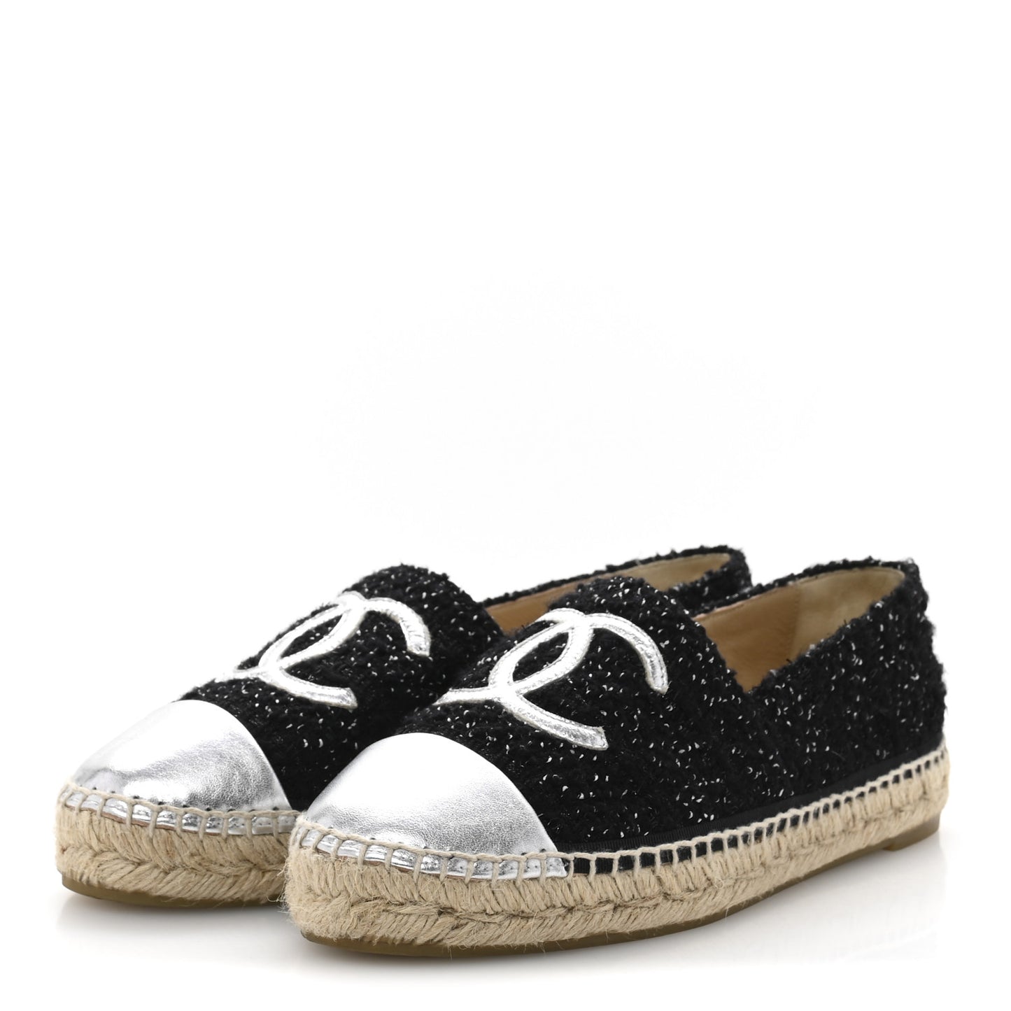 Metallic Lambskin Tweed CC Espadrilles 39 Black Silver