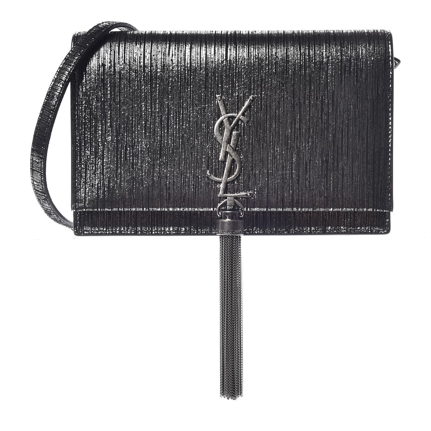 Metallic Suede Classic Monogram Kate Tassel Chain Wallet Black Silver