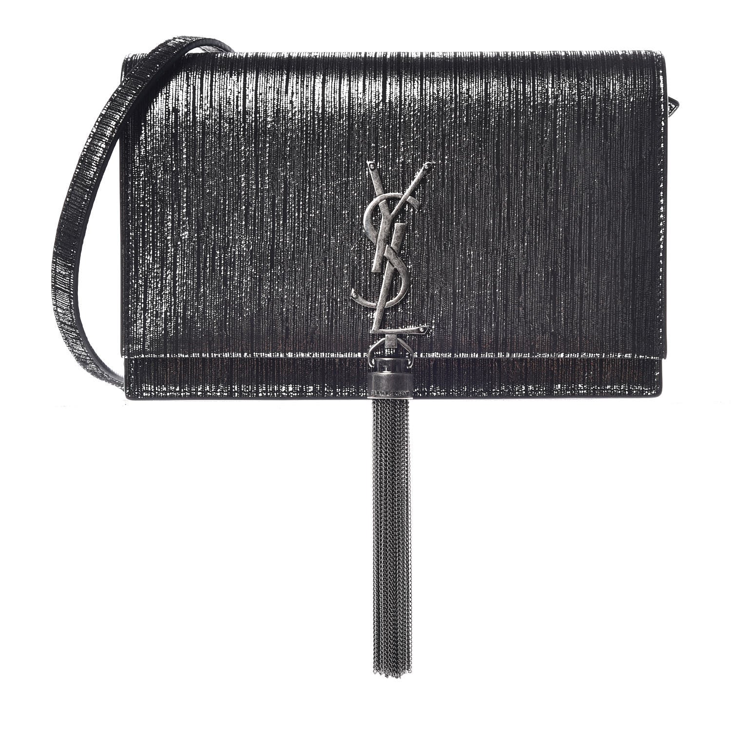 Saint Laurent Metallic Suede Classic Monogram Kate Tassel Chain Wallet Black Silver 1 of 9