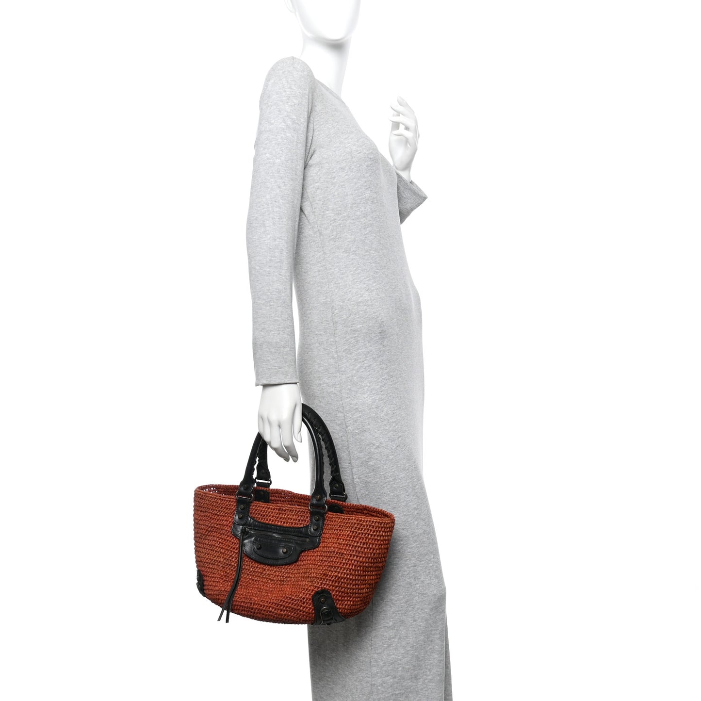 Raffia Calfskin Panier Basket Tote Brown Black