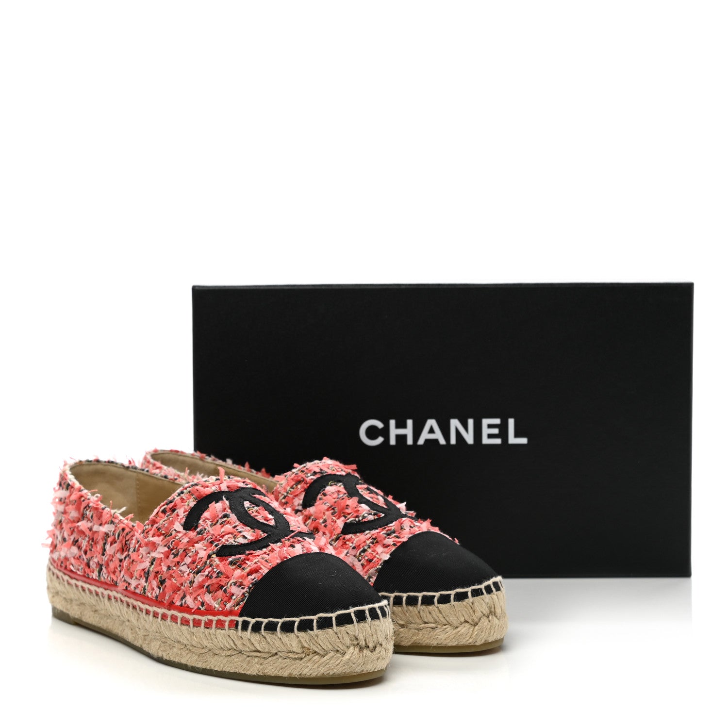 Chanel Tweed Grosgrain CC Espadrilles 38 Coral Red Pink Black 10 of 10