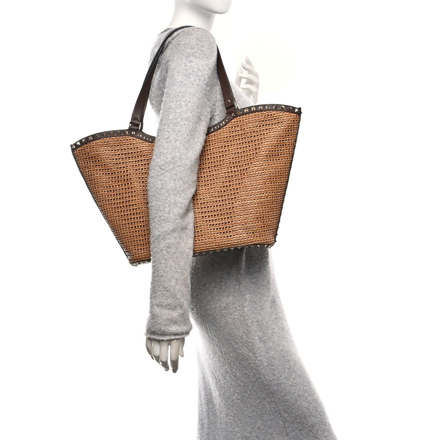 Synthetic Raffia Calfskin Rockstud Garden Tote Bag Tobacco Cacao
